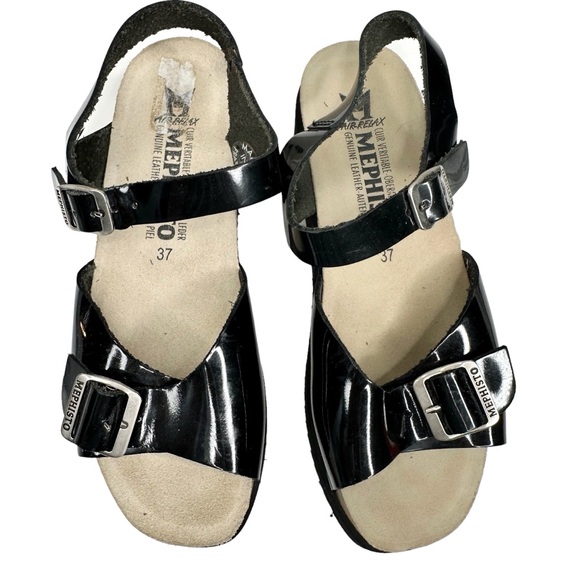 Mephisto Wedge Sandals Black Patent Leather Buckle Straps SZ 37 - Picture 2 of 11